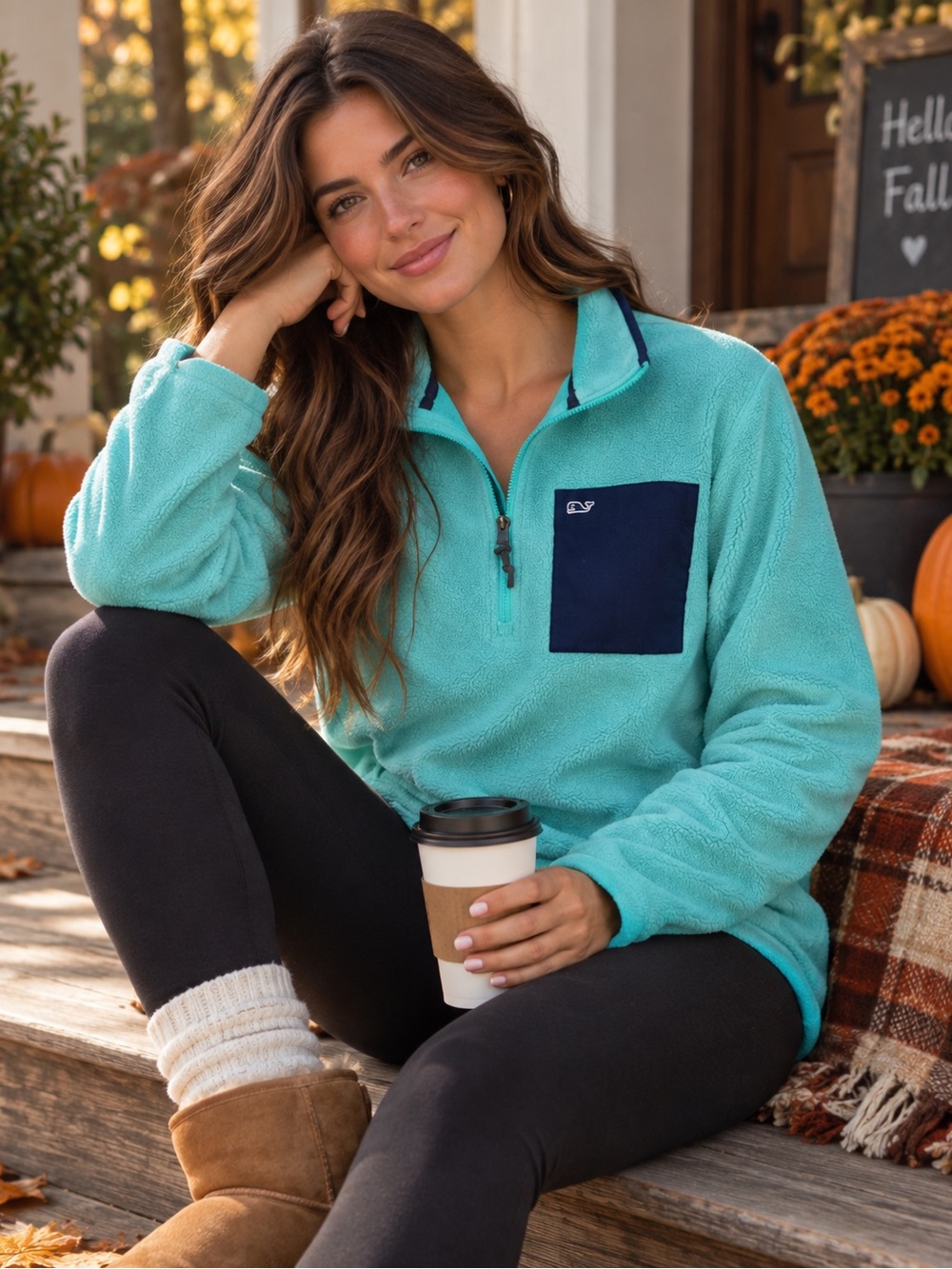 Vineyard Vines Women’s Aqua Fleece Quarter Zip Pullover Navy Pocket Size M